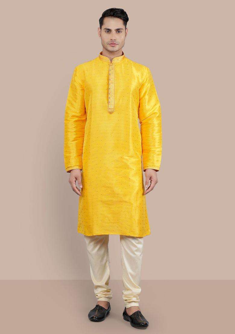 Yellow Woven Design Silk Kurta Set For Men - Indya