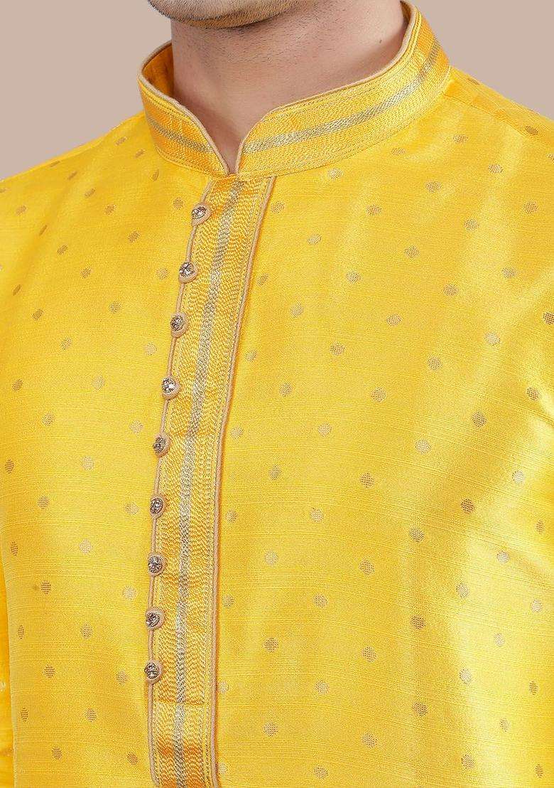 Yellow Woven Design Silk Kurta Set For Men - Indya