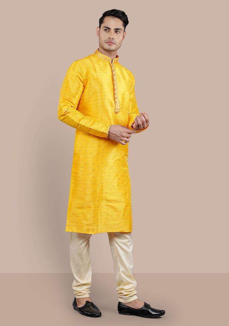 Yellow Woven Design Silk Kurta Set For Men - Indya