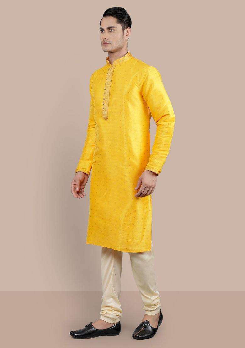 Yellow Woven Design Silk Kurta Set For Men - Indya