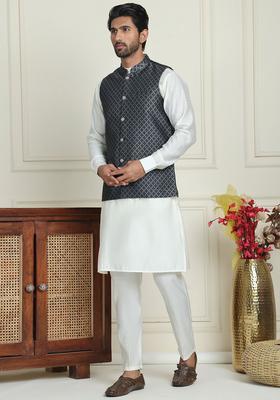 White Woven Design Silk Kurta Set For Men