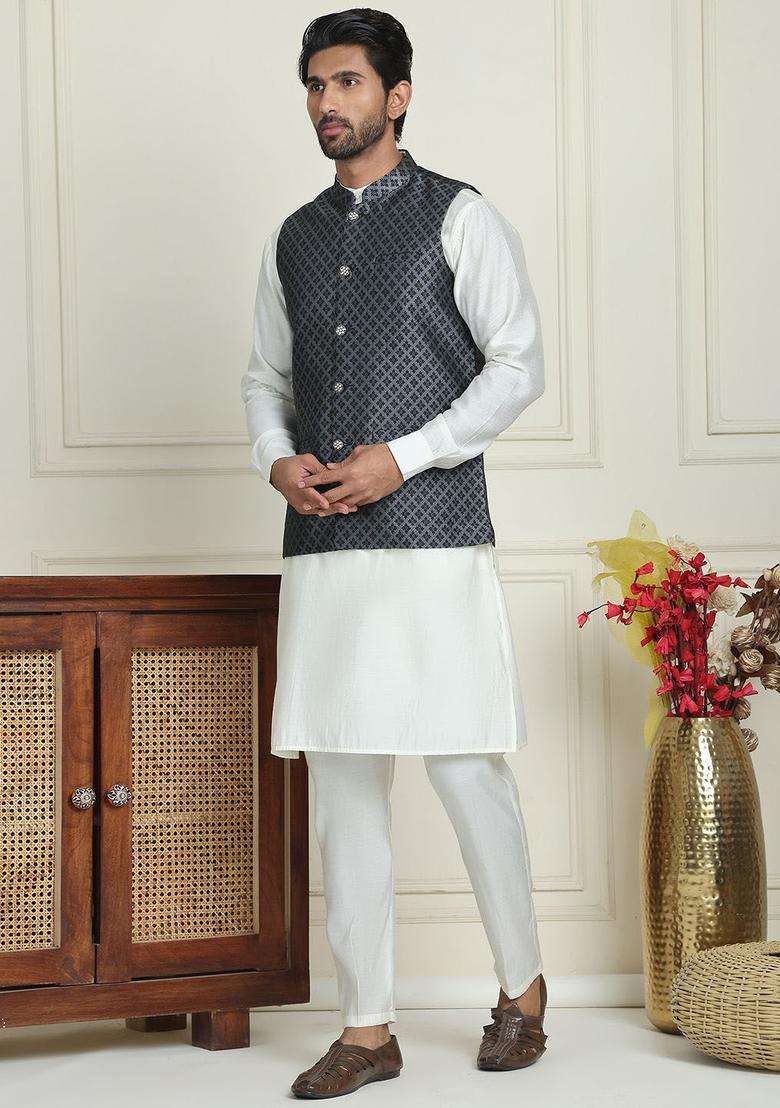 White Woven Design Silk Blend Kurta Set For Men - Indya