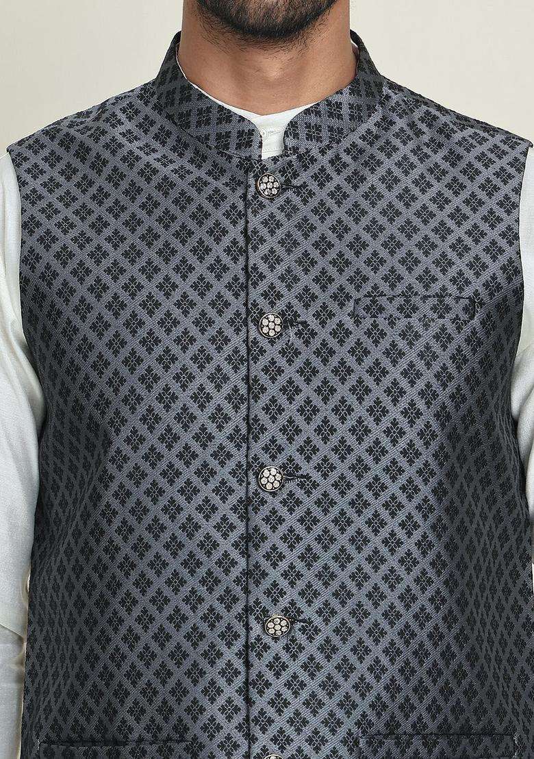 White Woven Design Silk Blend Kurta Set For Men - Indya