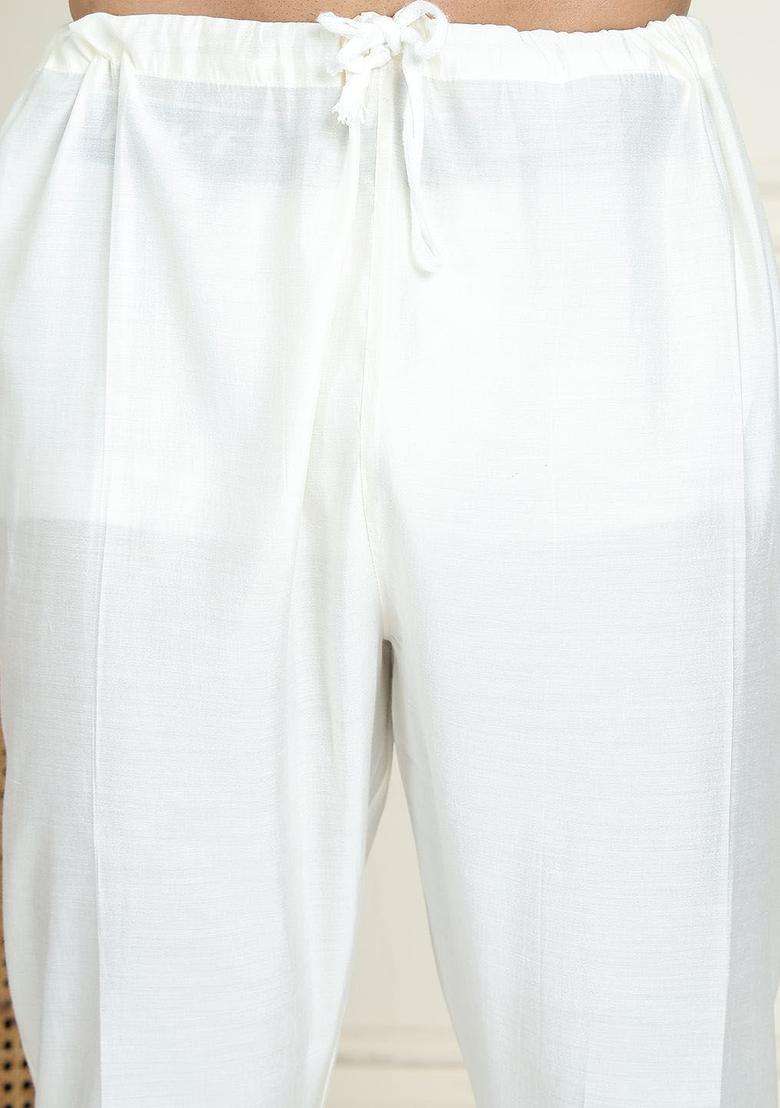 White Woven Design Silk Blend Kurta Set For Men - Indya