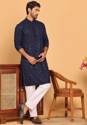 Navy Blue Embroidered Viscose Kurta Set For Men