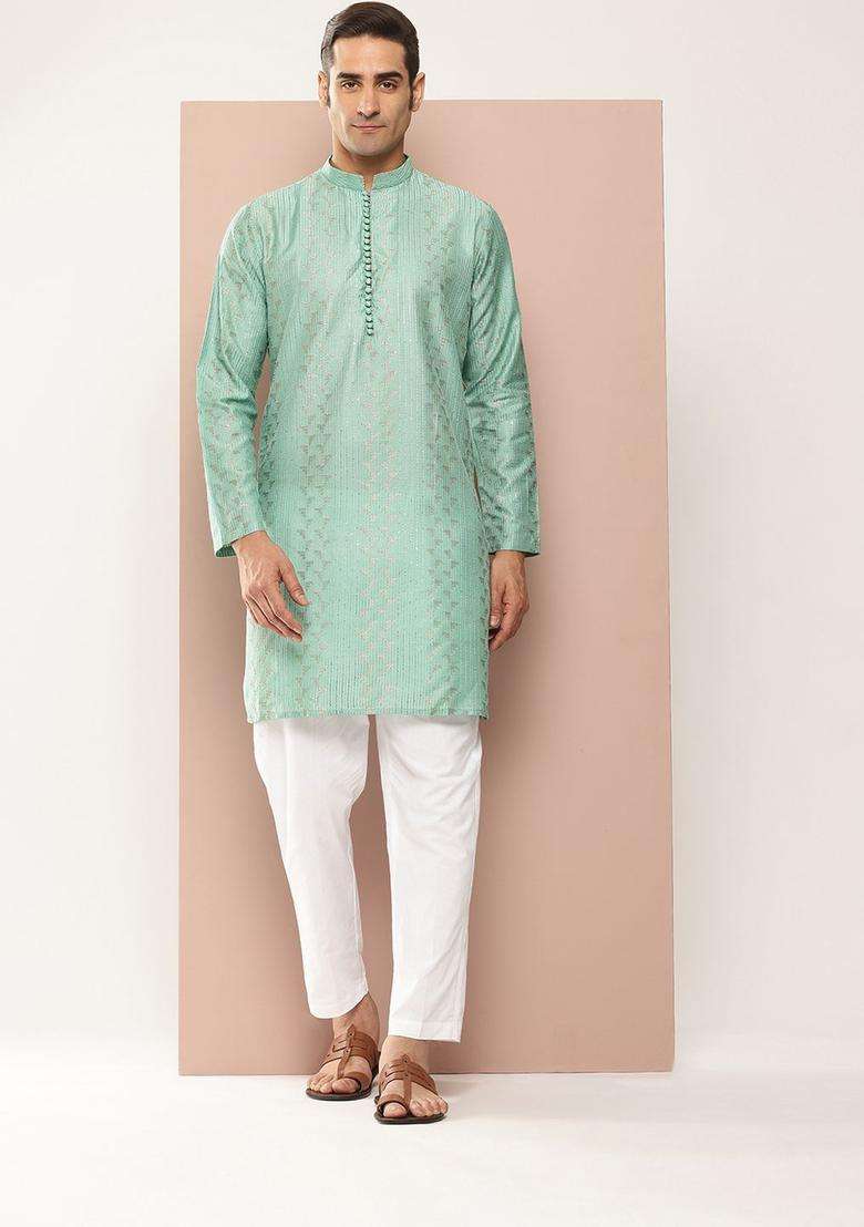 Green Woven Design Silk Blend Kurta Set For Men - Indya