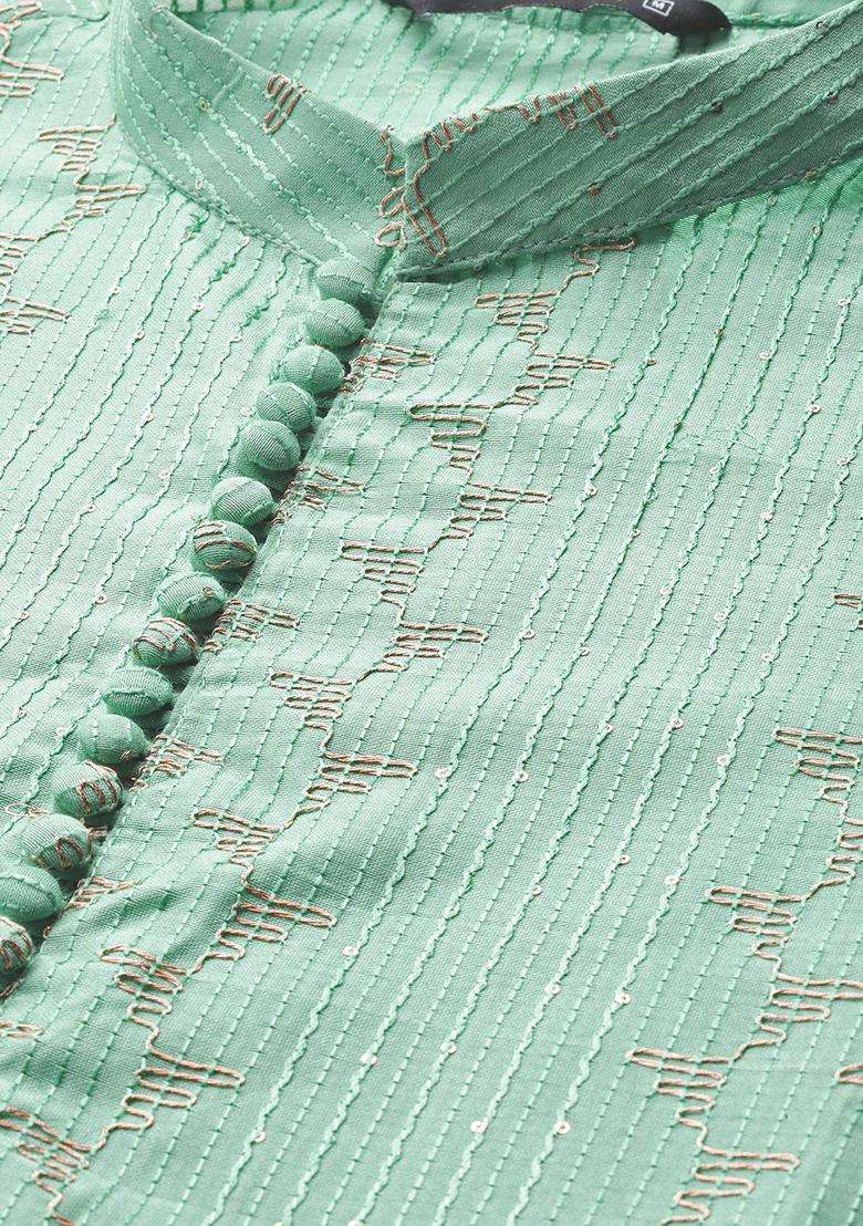 Green Woven Design Silk Blend Kurta Set For Men - Indya