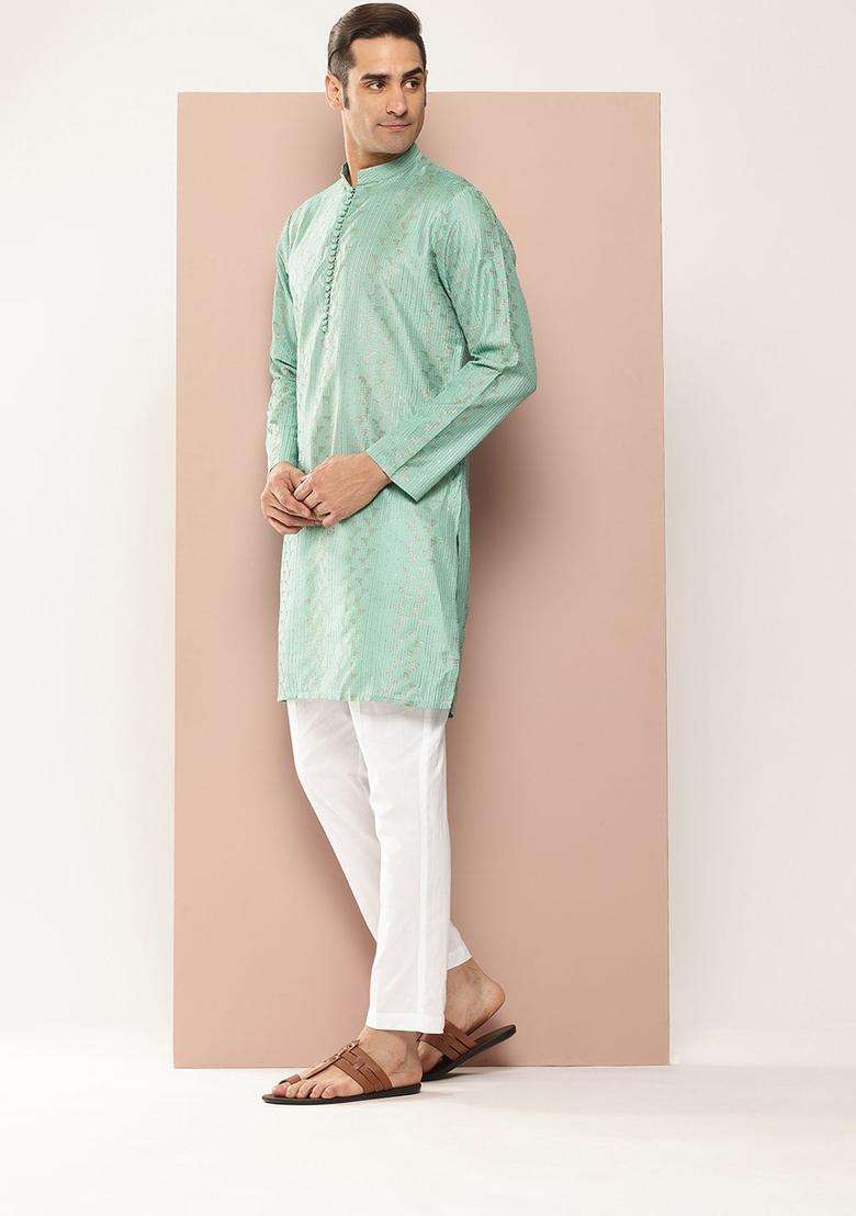 Green Woven Design Silk Blend Kurta Set For Men - Indya