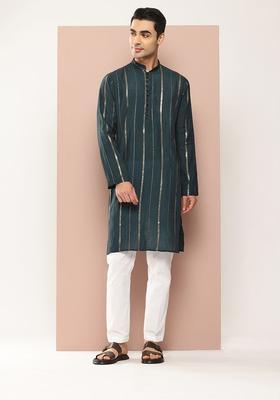 Green Embroidered Silk Kurta Set For Men