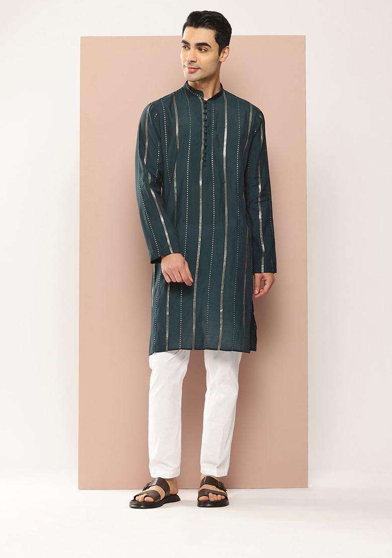 Green Embroidered Silk Blend Kurta Set For Men - Indya