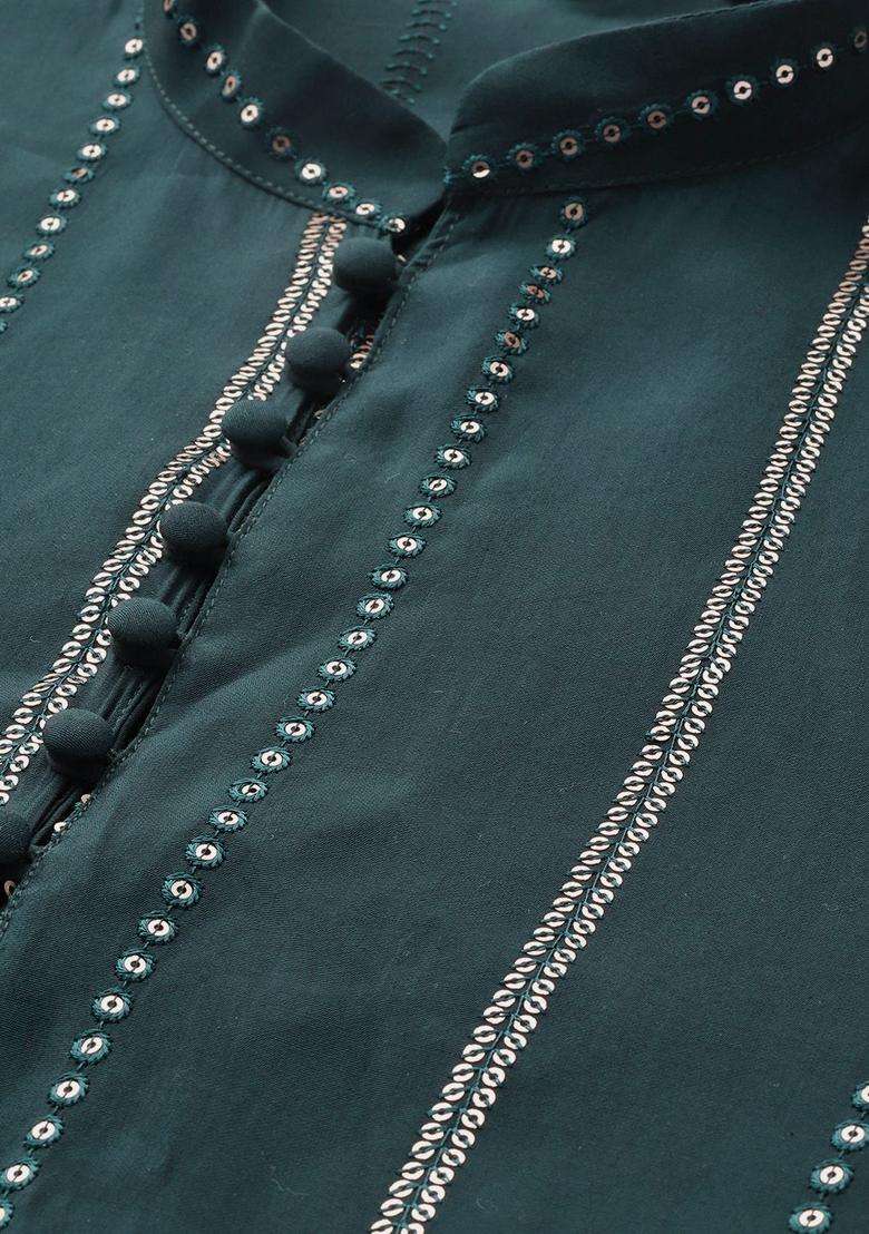 Green Embroidered Silk Blend Kurta Set For Men - Indya