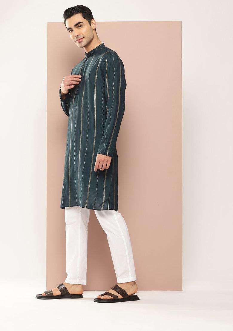 Green Embroidered Silk Blend Kurta Set For Men - Indya