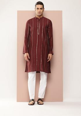 Maroon Embroidered Silk Kurta Set For Men