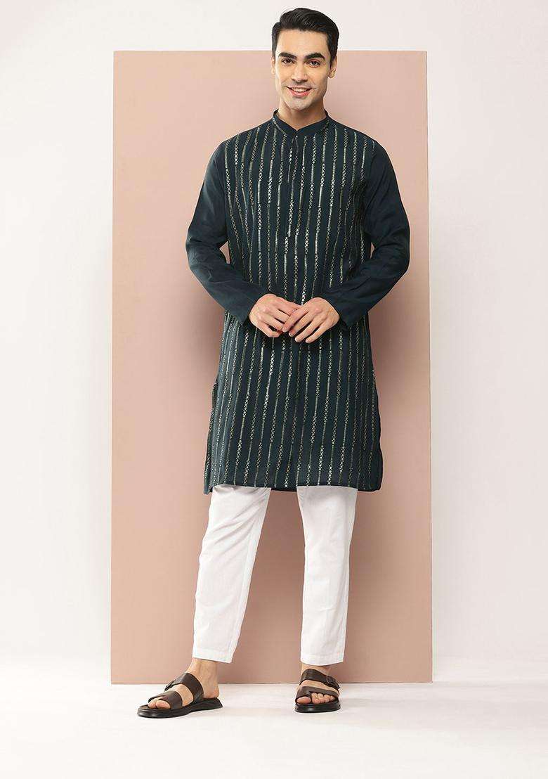 Green Embroidered Silk Blend Kurta Set For Men - Indya