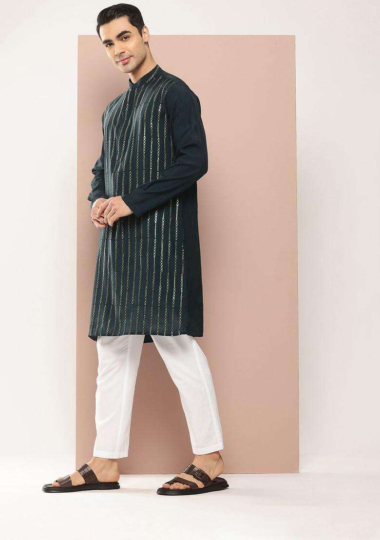 Green Embroidered Silk Blend Kurta Set For Men - Indya