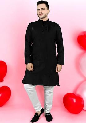 Black Printed Cotton Kurta Set For Men