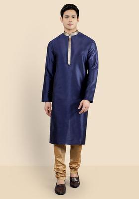 Navy Blue Woven Design Silk Kurta Set For Men