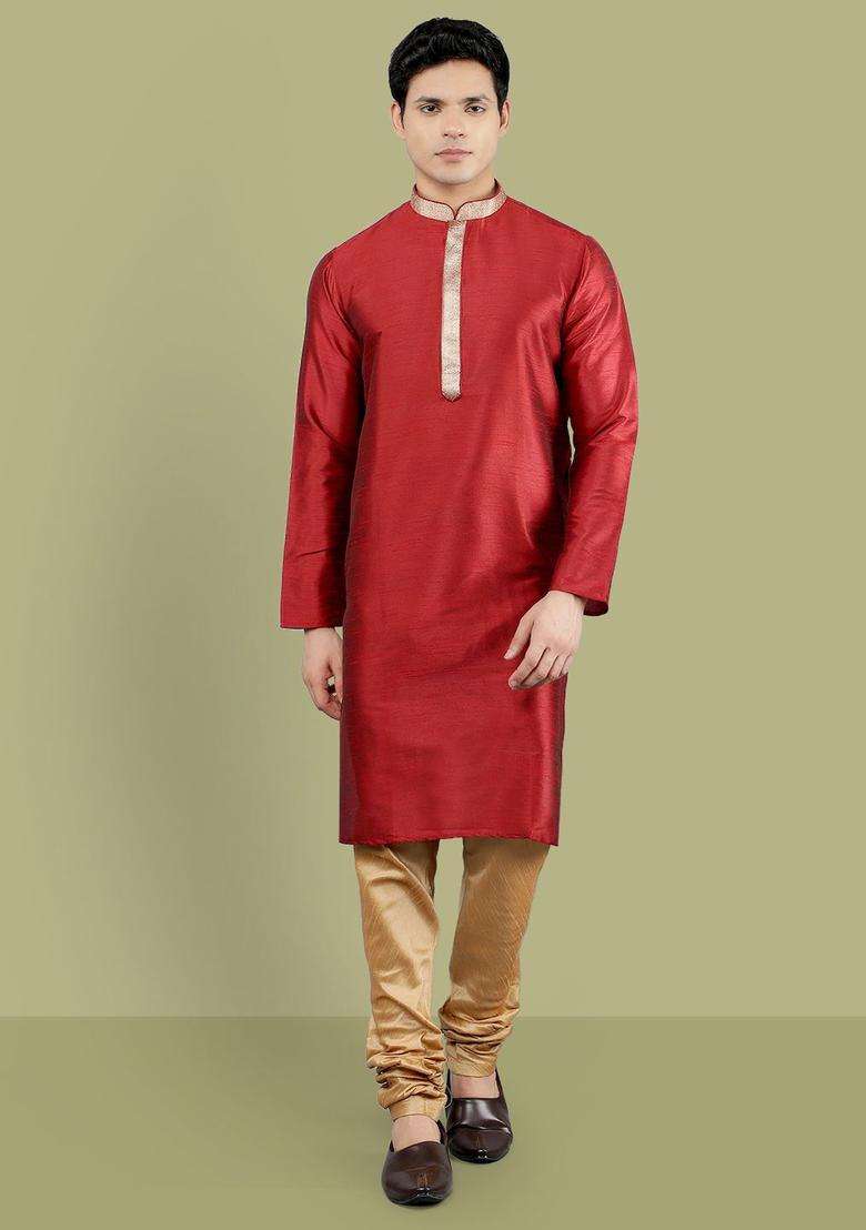 Maroon Woven Design Silk Blend Kurta Set For Men - Indya