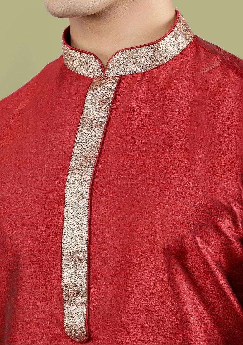 Maroon Woven Design Silk Blend Kurta Set For Men - Indya