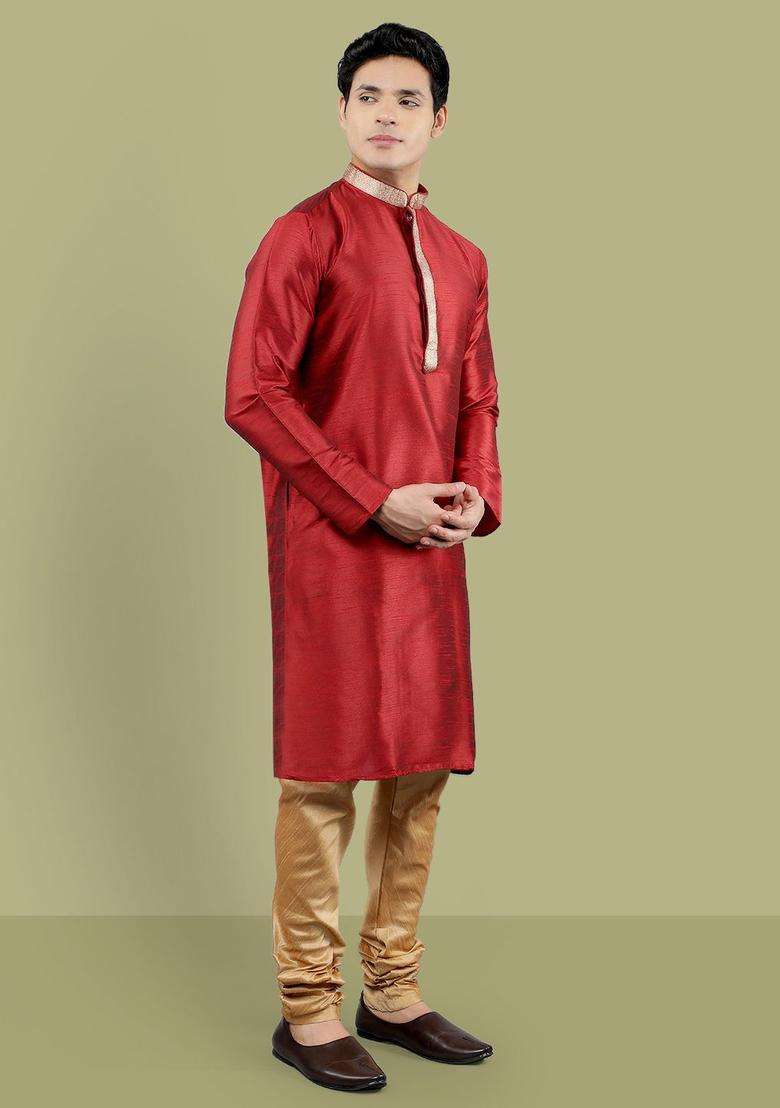 Maroon Woven Design Silk Blend Kurta Set For Men - Indya