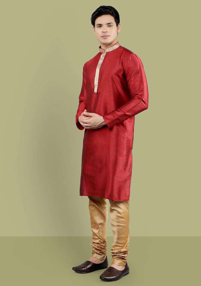 Maroon Woven Design Silk Blend Kurta Set For Men - Indya