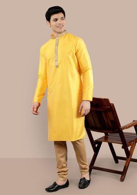 Yellow Woven Design Silk Kurta Set For Men