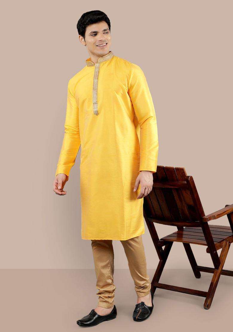 Yellow Woven Design Silk Blend Kurta Set For Men - Indya