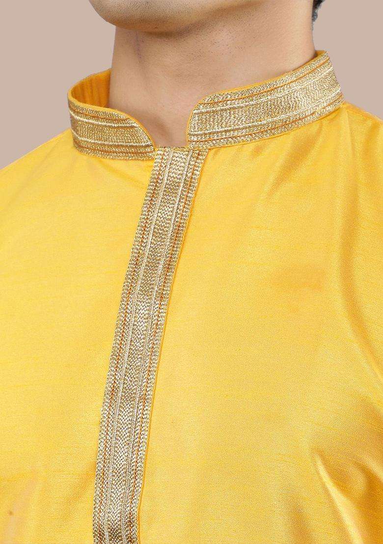 Yellow Woven Design Silk Blend Kurta Set For Men - Indya