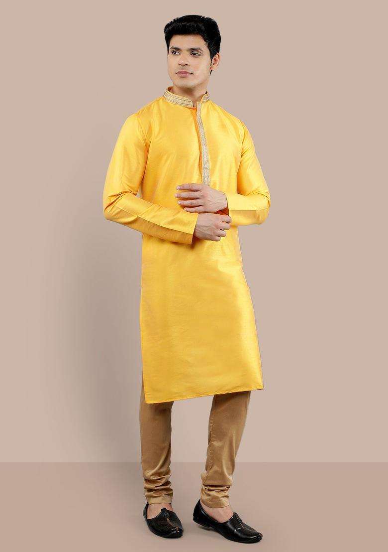 Yellow Woven Design Silk Blend Kurta Set For Men - Indya