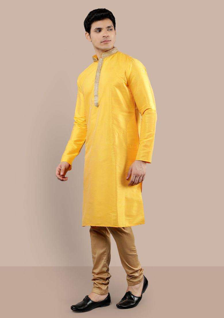 Yellow Woven Design Silk Blend Kurta Set For Men - Indya