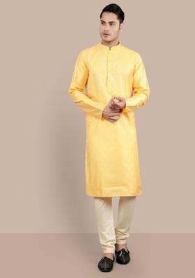 Yellow Woven Design Silk Kurta Set For Men