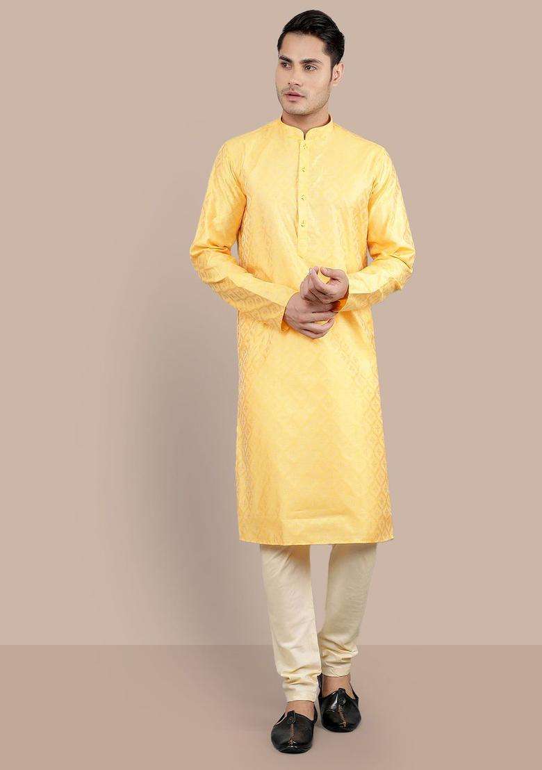 Yellow Woven Design Silk Blend Kurta Set For Men - Indya
