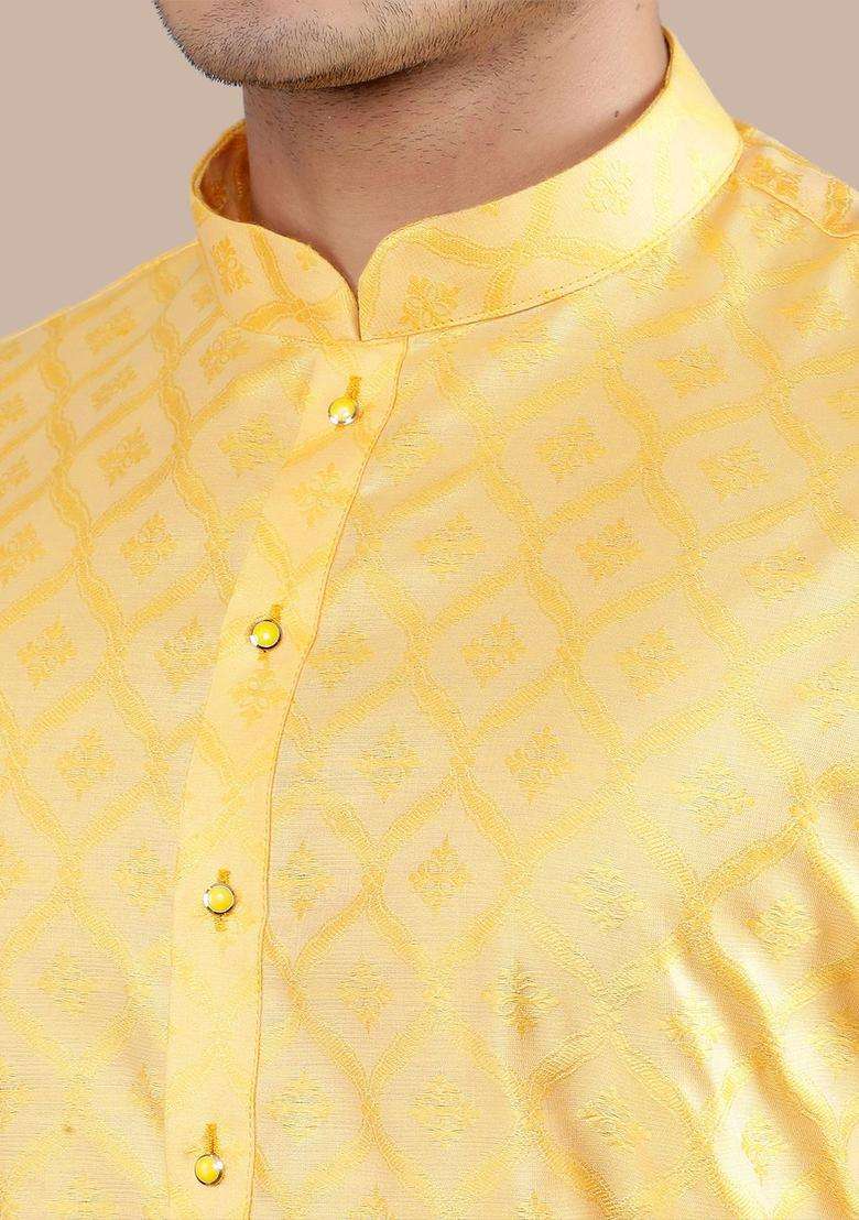 Yellow Woven Design Silk Blend Kurta Set For Men - Indya