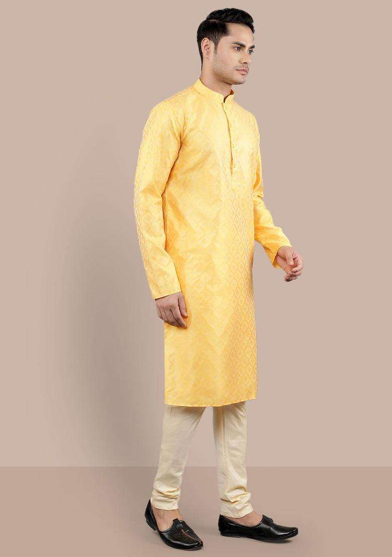 Yellow Woven Design Silk Blend Kurta Set For Men - Indya