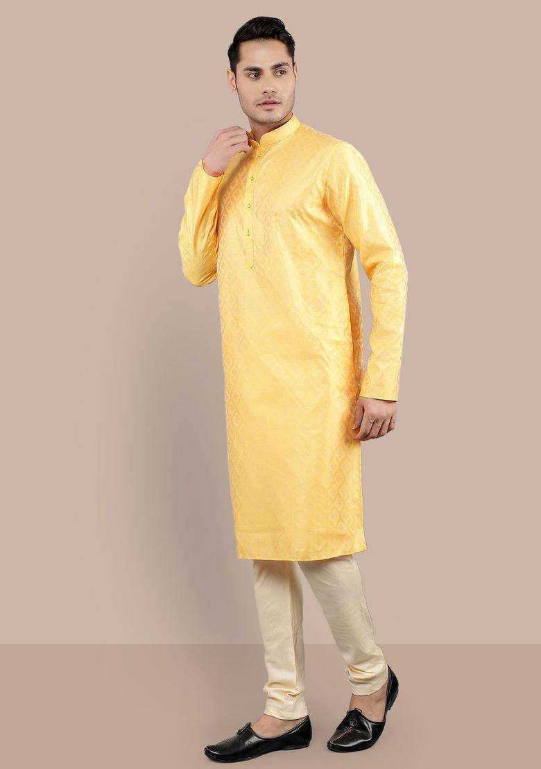 Yellow Woven Design Silk Blend Kurta Set For Men - Indya