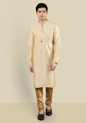 Beige Woven Design Silk Blend Kurta Set For Men