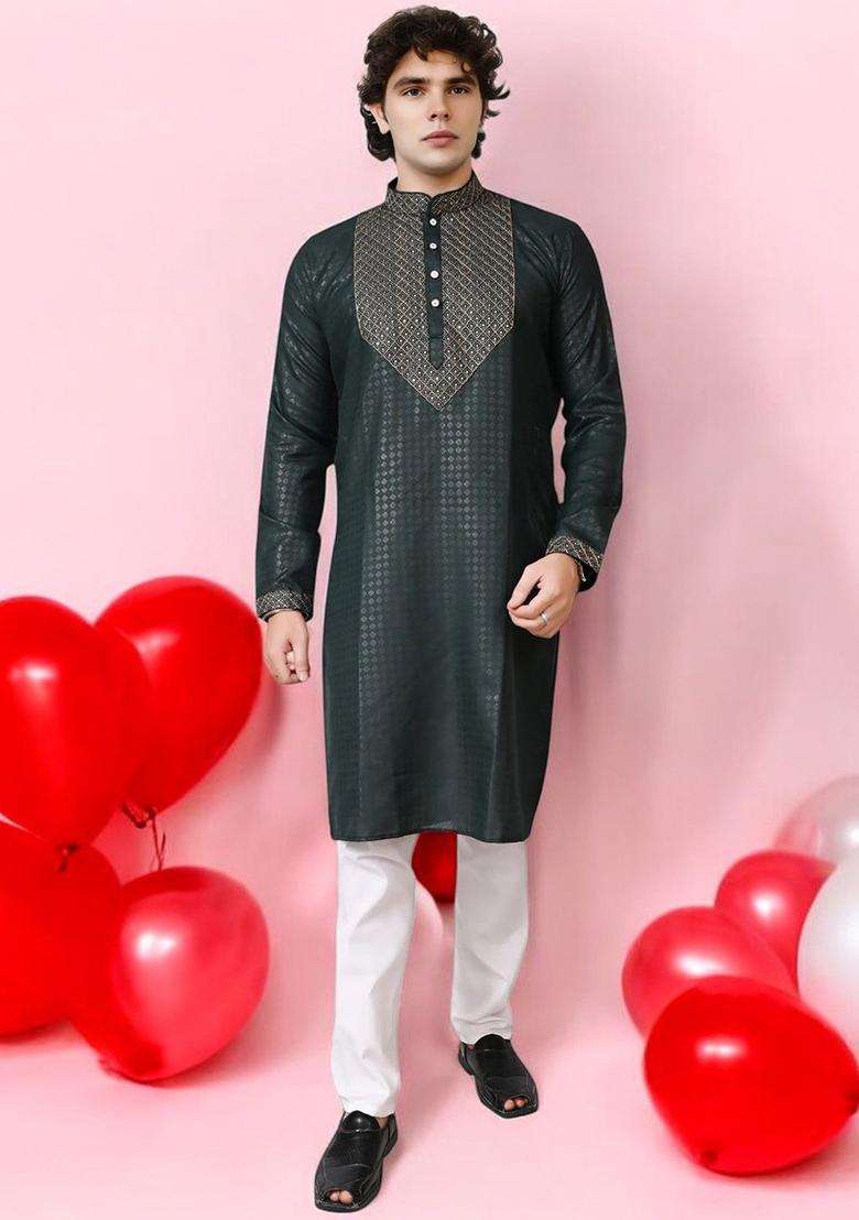 Green Woven Design Silk Blend Kurta Set For Men - Indya
