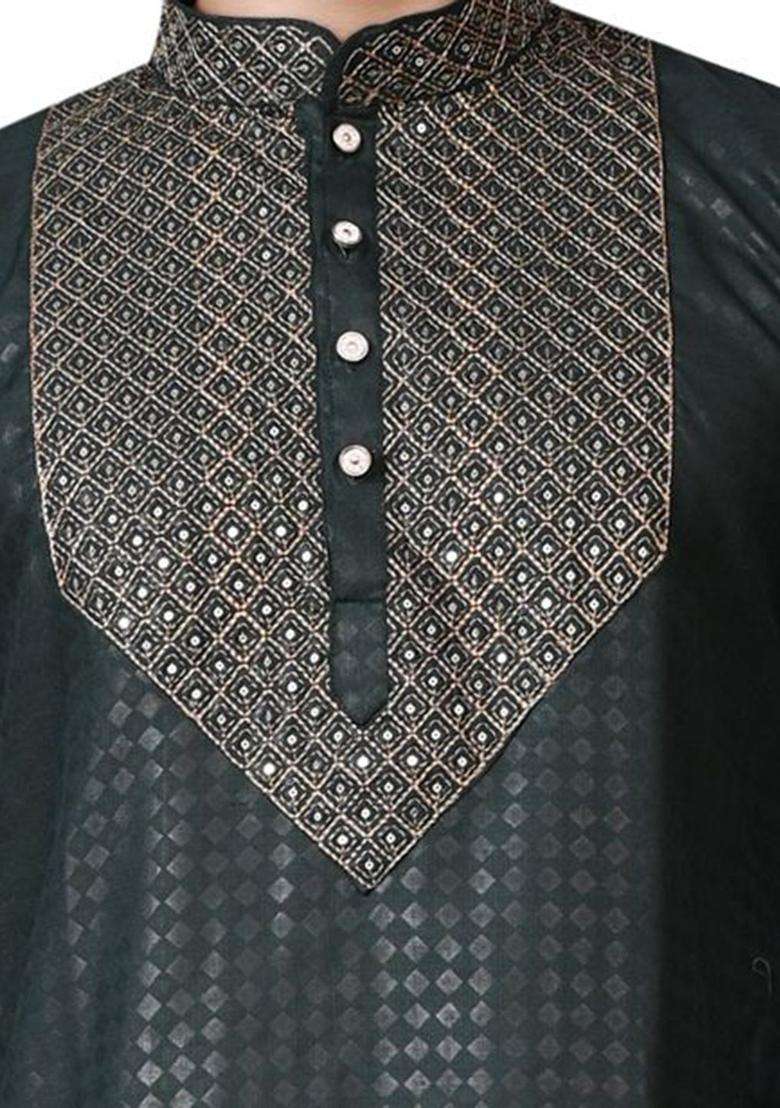 Green Woven Design Silk Blend Kurta Set For Men - Indya