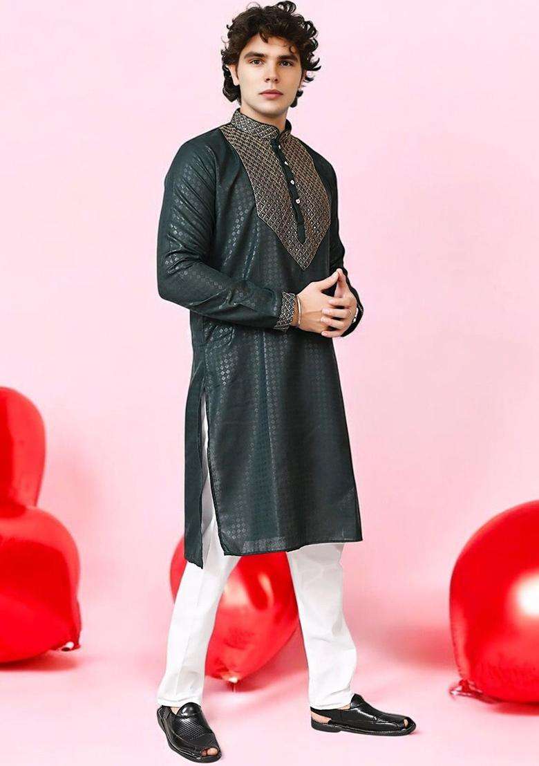 Green Woven Design Silk Blend Kurta Set For Men - Indya