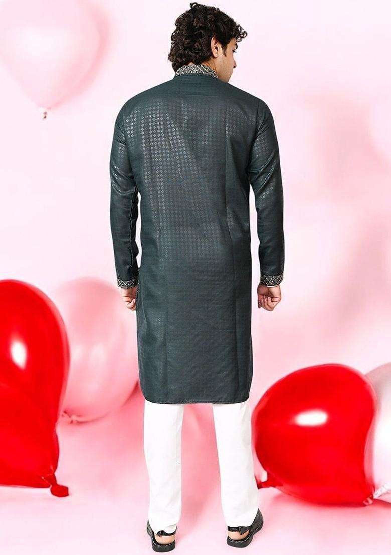 Green Woven Design Silk Blend Kurta Set For Men - Indya