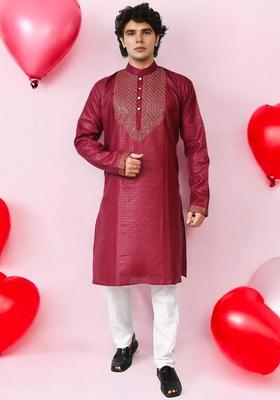 Maroon Woven Design Silk Kurta Set For Men