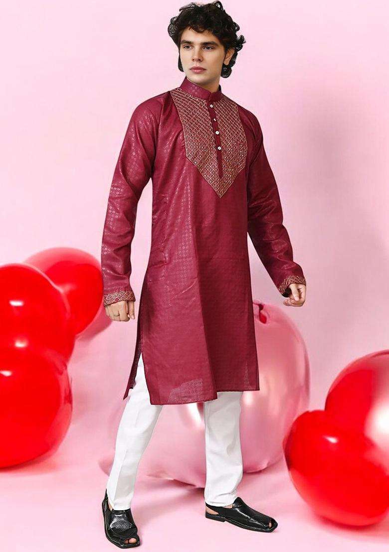 Maroon Woven Design Silk Blend Kurta Set For Men - Indya