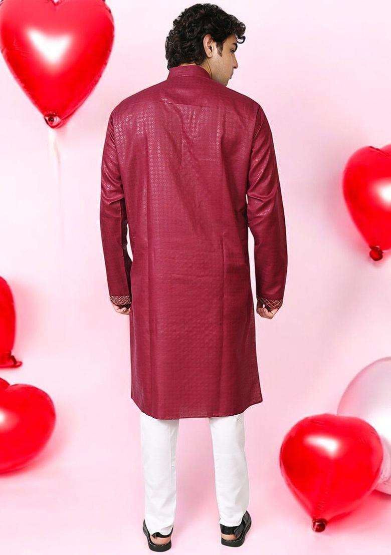 Maroon Woven Design Silk Blend Kurta Set For Men - Indya