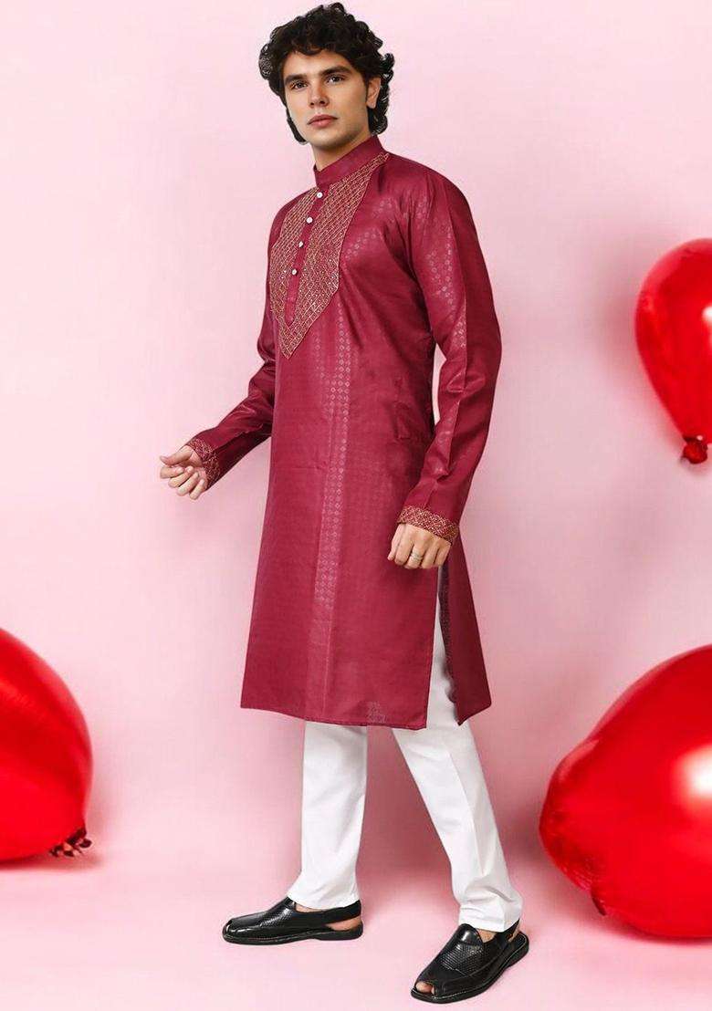 Maroon Woven Design Silk Blend Kurta Set For Men - Indya