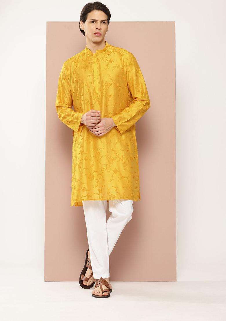 Mustard Embroidered Viscose Kurta Set For Men - Indya