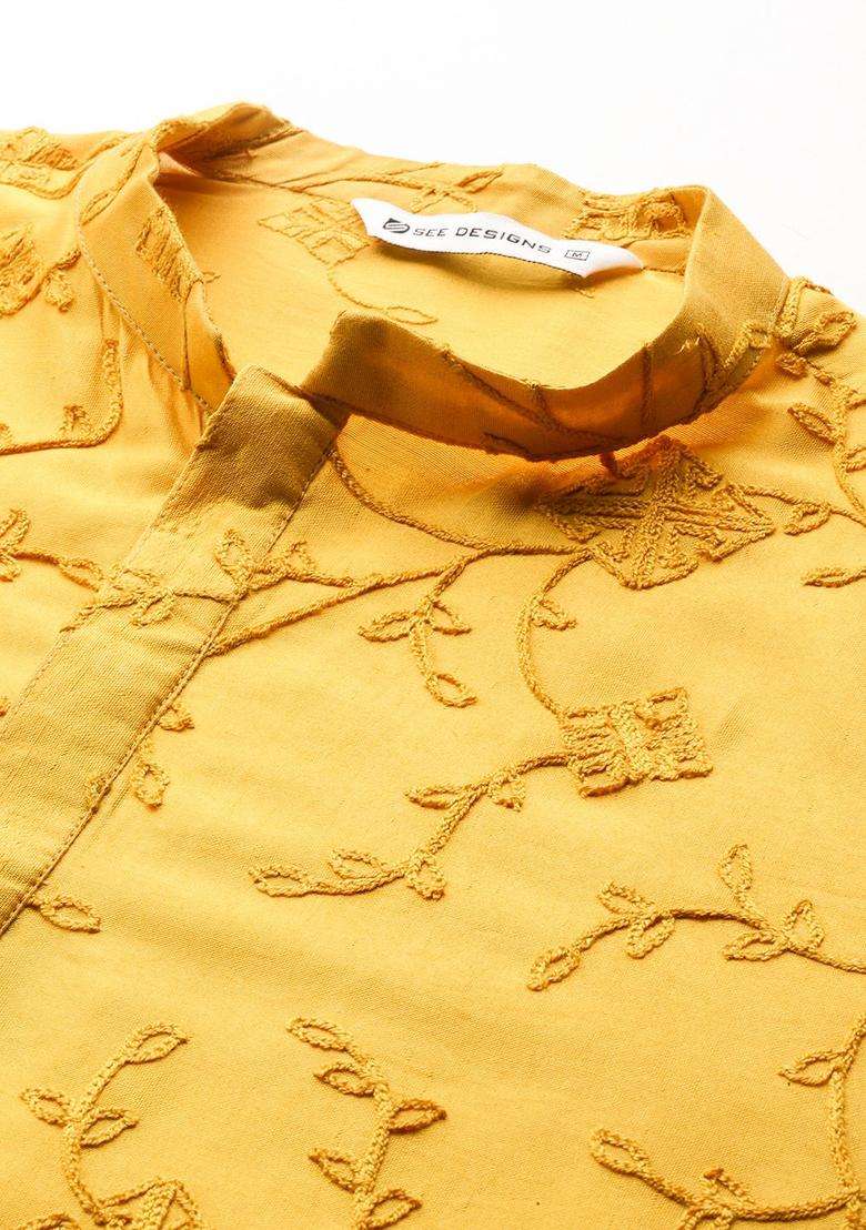 Mustard Embroidered Viscose Kurta Set For Men - Indya