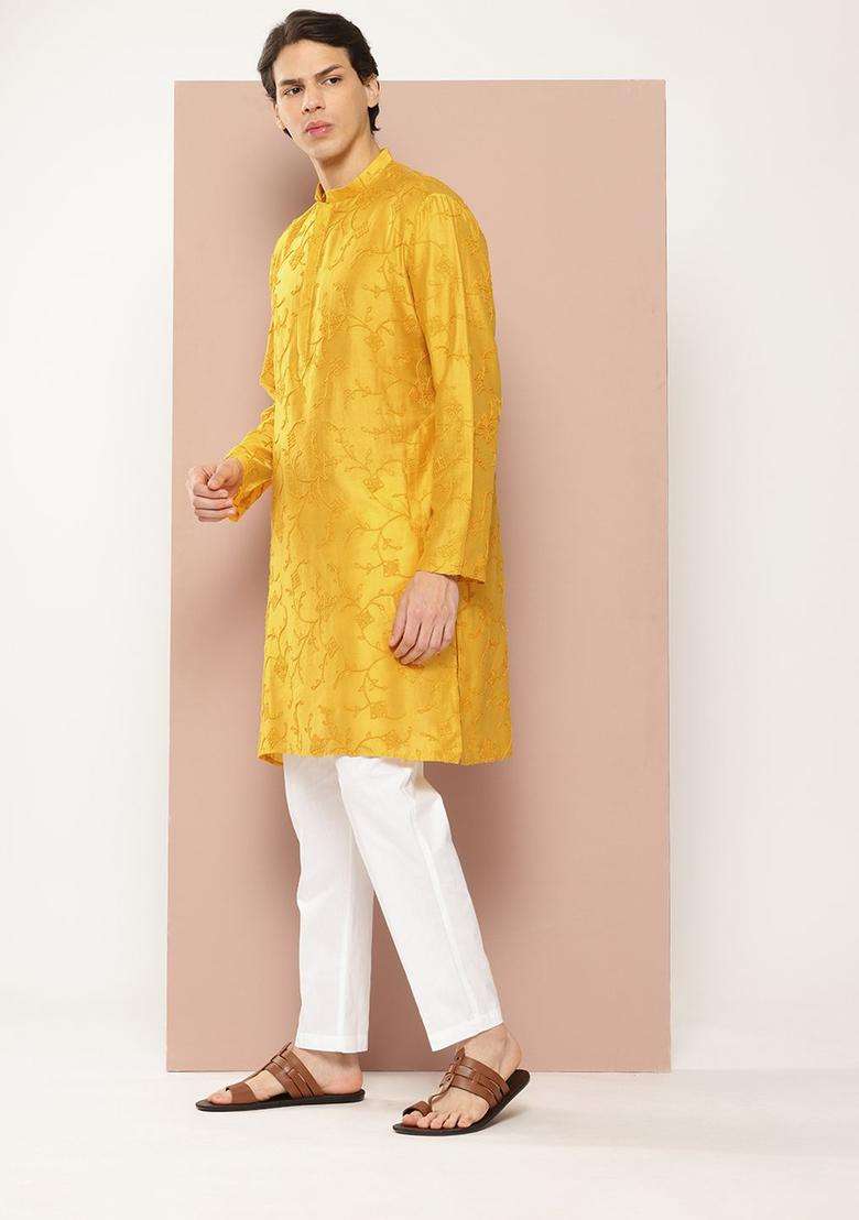 Mustard Embroidered Viscose Kurta Set For Men - Indya