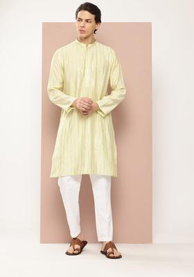 Green Woven Design Silk Kurta Set For Men