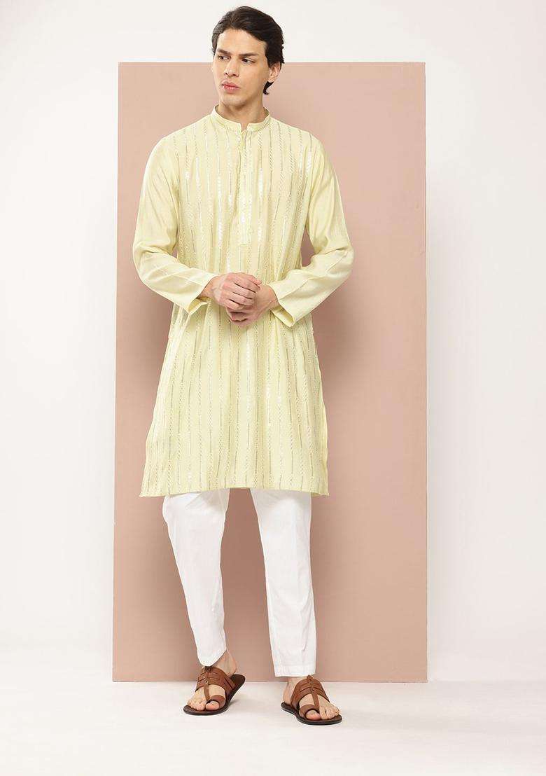 Green Woven Design Silk Blend Kurta Set For Men - Indya