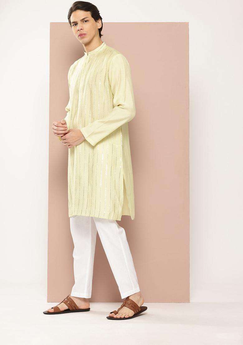 Green Woven Design Silk Blend Kurta Set For Men - Indya